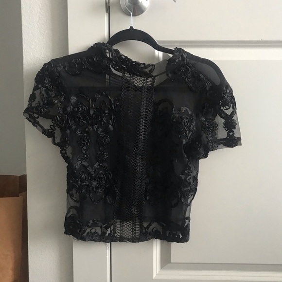 Charlotte Russe Tops - CHARLOTTE ROUSE Black Mesh Embroidered Crop